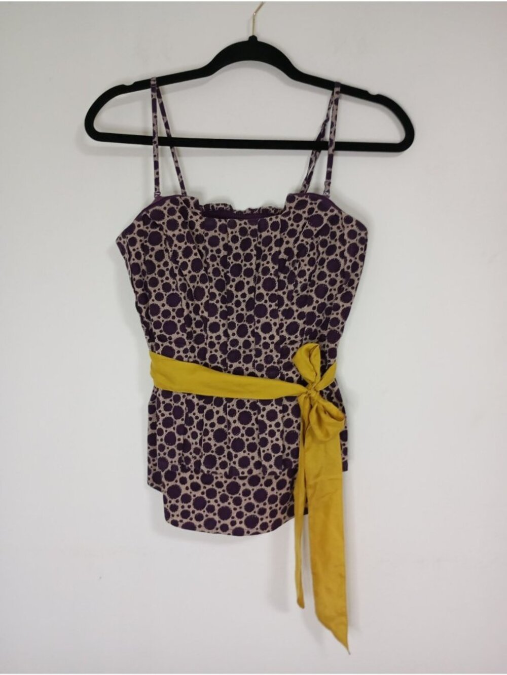 Maeve Corset-style Top Purple & Beige Polka Dot Sleeveless With Yellow Sash Size